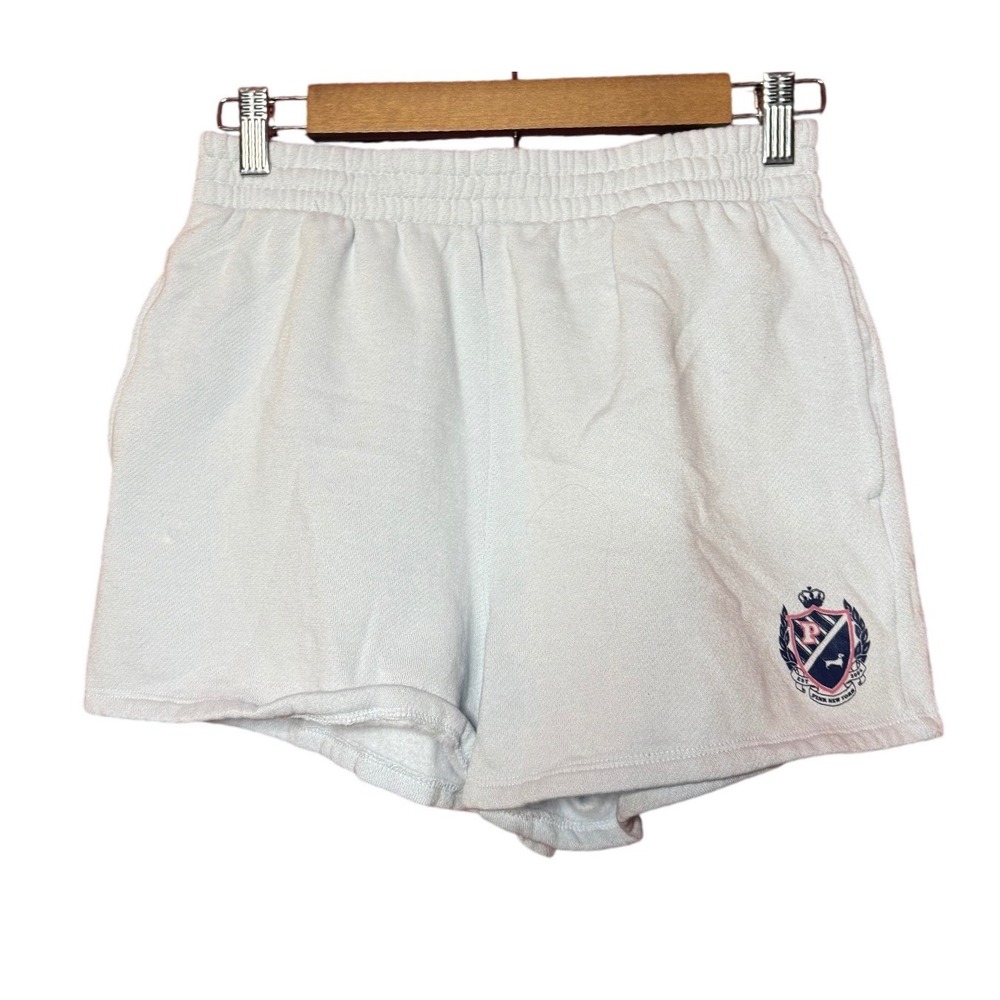 PINK Victoria's Secret Women Small Light Blue Fleece Lounge Shorts Crest‎ Logo